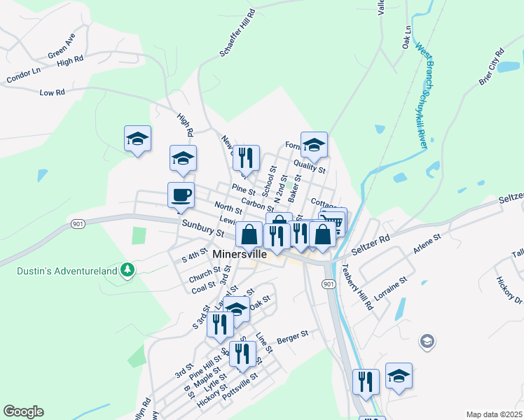 map of restaurants, bars, coffee shops, grocery stores, and more near 223 Carbon Street in Minersville