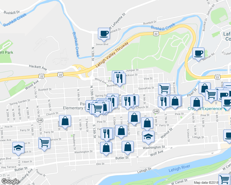 map of restaurants, bars, coffee shops, grocery stores, and more near 1119 Spring Garden Street in Easton