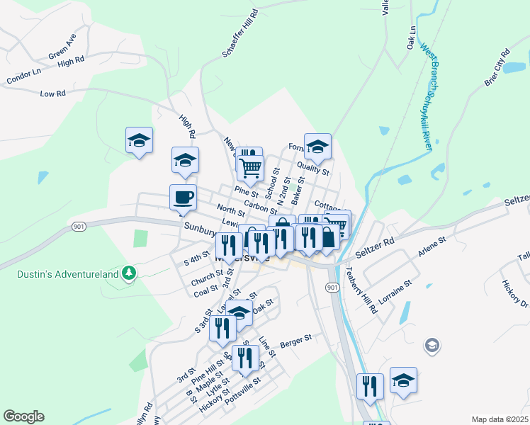 map of restaurants, bars, coffee shops, grocery stores, and more near 223 Carbon Street in Minersville