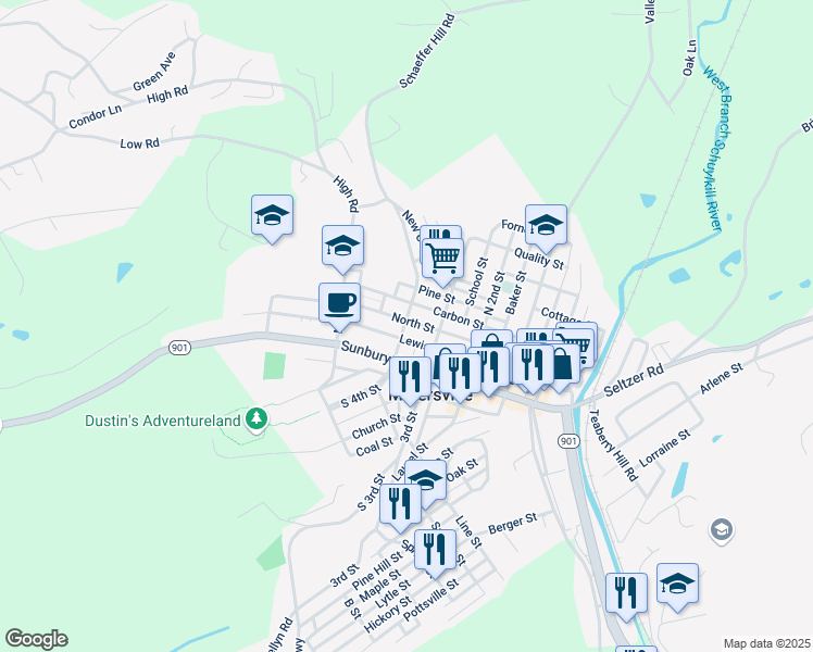 map of restaurants, bars, coffee shops, grocery stores, and more near 201 North 4th Street in Minersville