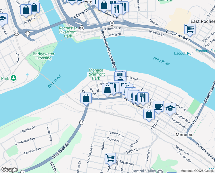 map of restaurants, bars, coffee shops, grocery stores, and more near 710 Washington Avenue in Monaca