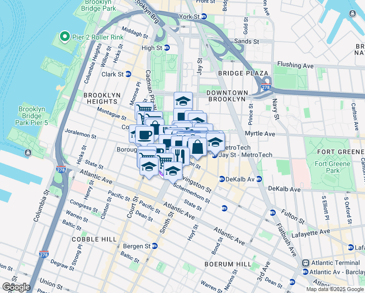 map of restaurants, bars, coffee shops, grocery stores, and more near 345 Adams Street in Brooklyn