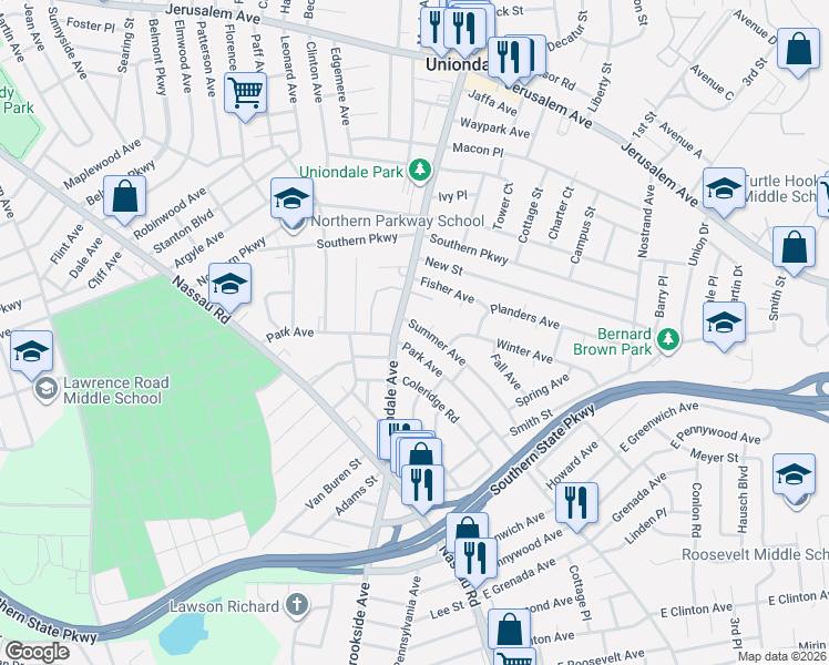 map of restaurants, bars, coffee shops, grocery stores, and more near 693 Park Avenue in Uniondale