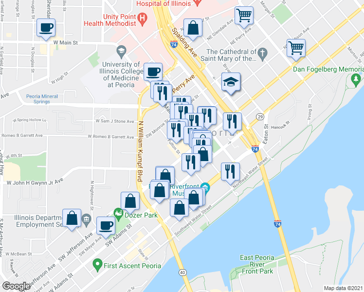 map of restaurants, bars, coffee shops, grocery stores, and more near 125 Southwest Jefferson Avenue in Peoria