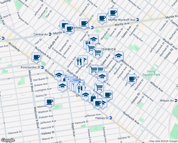 map of restaurants, bars, coffee shops, grocery stores, and more near 93 Linden Street in Brooklyn