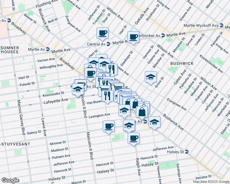 map of restaurants, bars, coffee shops, grocery stores, and more near 1128 Lafayette Avenue in Brooklyn