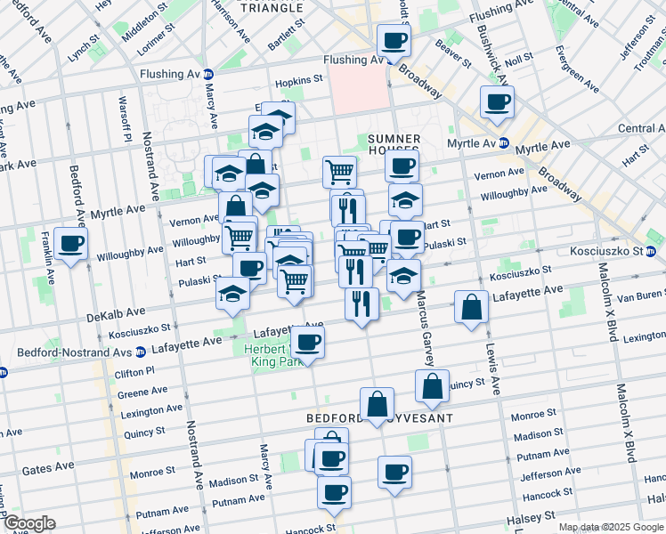 map of restaurants, bars, coffee shops, grocery stores, and more near 804 Dekalb Avenue in Brooklyn