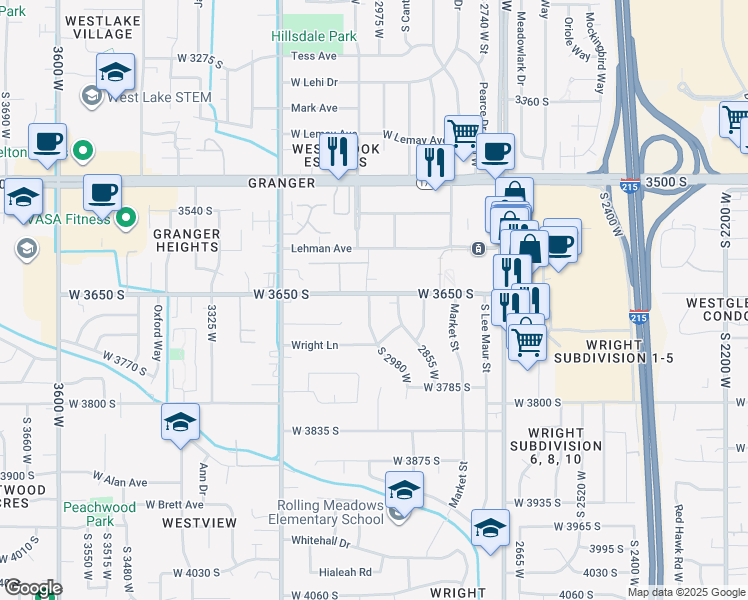 map of restaurants, bars, coffee shops, grocery stores, and more near 3657 Granger Drive in Salt Lake City