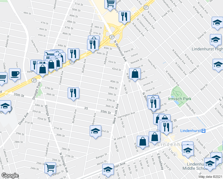 map of restaurants, bars, coffee shops, grocery stores, and more near 139 39th Street in Lindenhurst