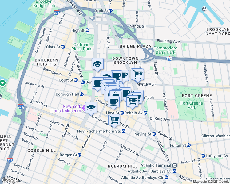 map of restaurants, bars, coffee shops, grocery stores, and more near 107 Lawrence Street in Brooklyn