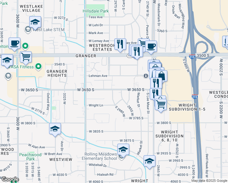map of restaurants, bars, coffee shops, grocery stores, and more near 3657 Granger Drive in Salt Lake City