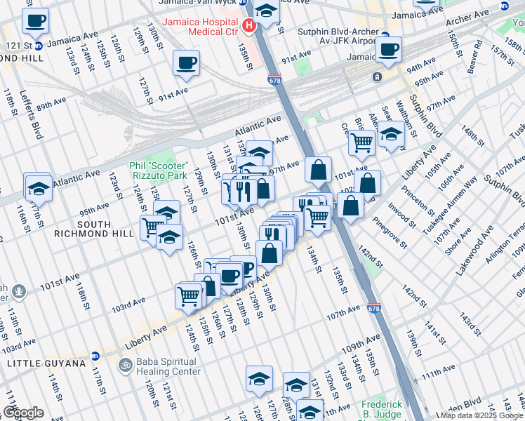 map of restaurants, bars, coffee shops, grocery stores, and more near 101-34 132nd Street in Queens