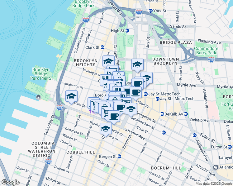 map of restaurants, bars, coffee shops, grocery stores, and more near 44 Court Street in Brooklyn