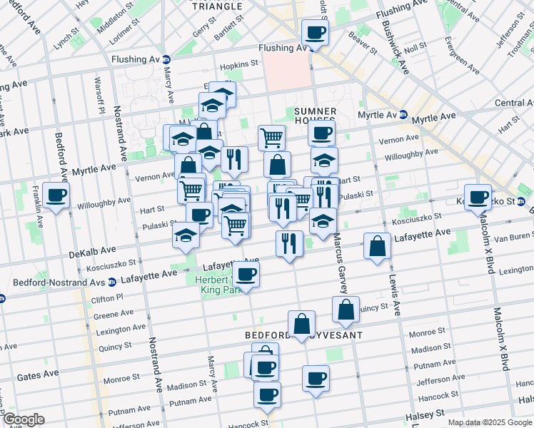 map of restaurants, bars, coffee shops, grocery stores, and more near 804 Dekalb Avenue in Brooklyn