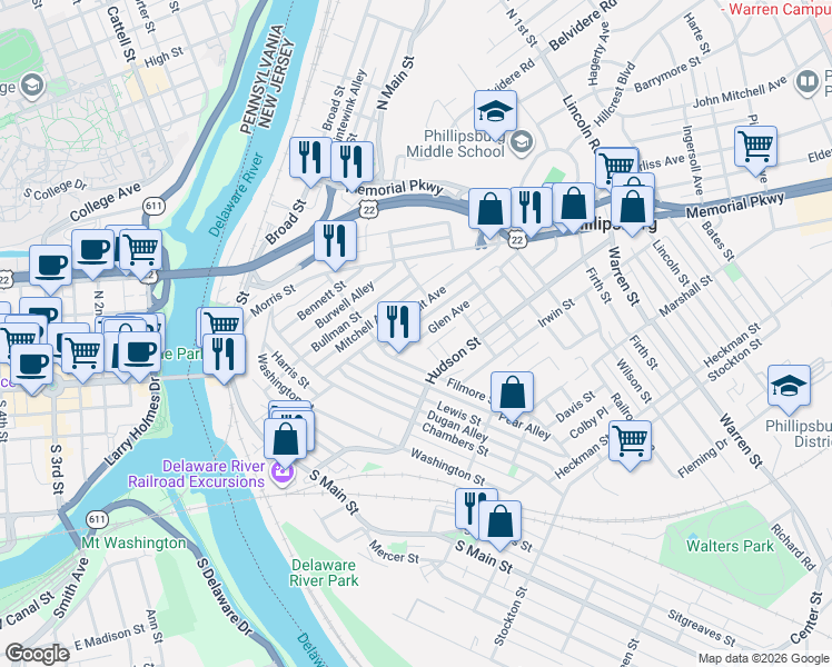 map of restaurants, bars, coffee shops, grocery stores, and more near 31 Glen Avenue in Phillipsburg