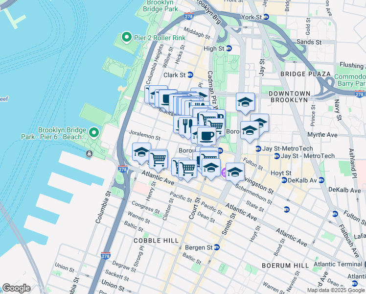 map of restaurants, bars, coffee shops, grocery stores, and more near 136 Joralemon Street in Brooklyn