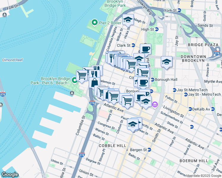 map of restaurants, bars, coffee shops, grocery stores, and more near 79 Joralemon Street in Brooklyn