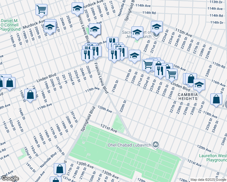 map of restaurants, bars, coffee shops, grocery stores, and more near 218-10 118th Avenue in Queens