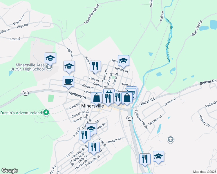 map of restaurants, bars, coffee shops, grocery stores, and more near 211 Twin Street in Minersville