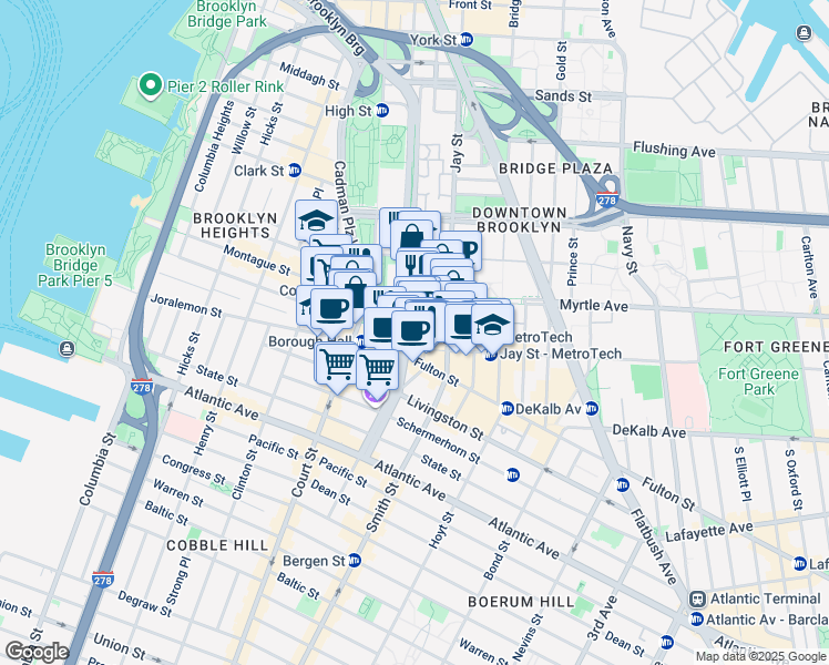 map of restaurants, bars, coffee shops, grocery stores, and more near 345 Adams Street in Brooklyn