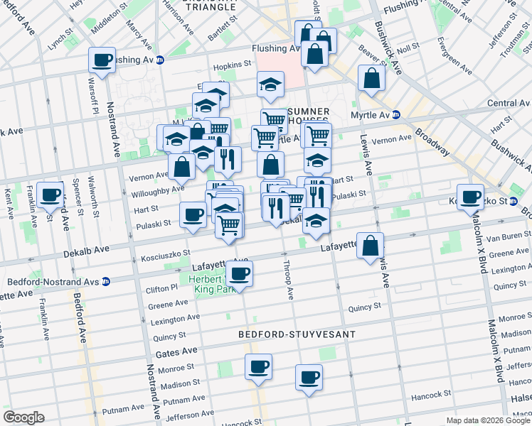 map of restaurants, bars, coffee shops, grocery stores, and more near 200 Pulaski Street in Brooklyn