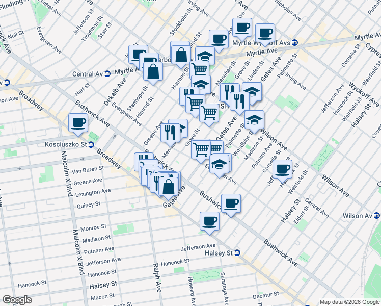 map of restaurants, bars, coffee shops, grocery stores, and more near 93 Linden Street in Brooklyn