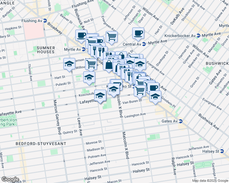 map of restaurants, bars, coffee shops, grocery stores, and more near 560 Kosciuszko Street in Brooklyn