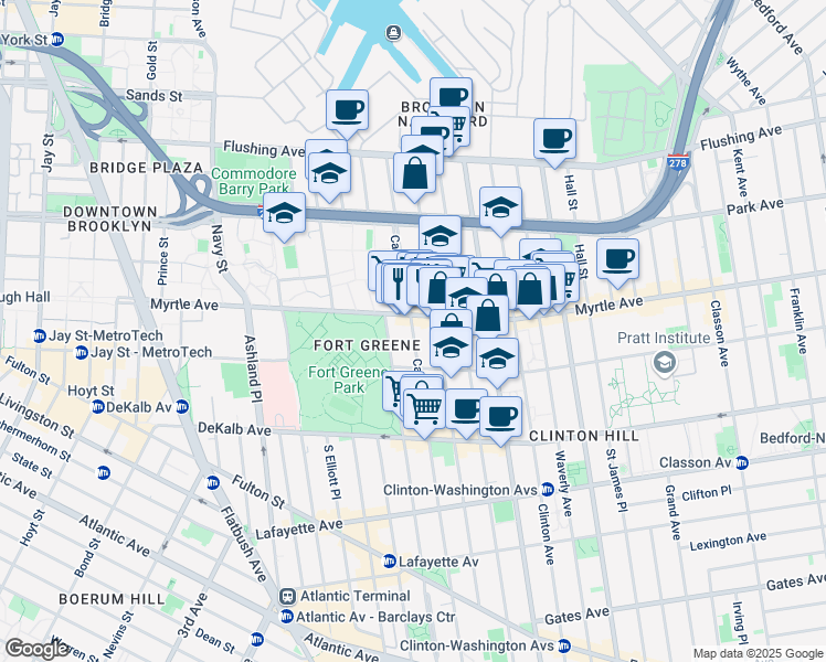 map of restaurants, bars, coffee shops, grocery stores, and more near 159 Carlton Avenue in Brooklyn
