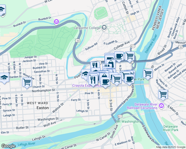 map of restaurants, bars, coffee shops, grocery stores, and more near 73 North West Street in Easton