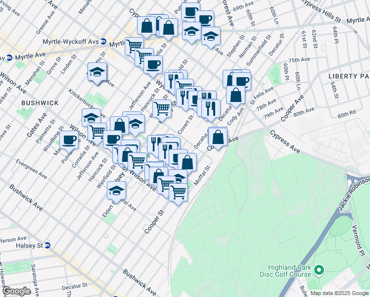 map of restaurants, bars, coffee shops, grocery stores, and more near 304 Schaefer Street in Brooklyn