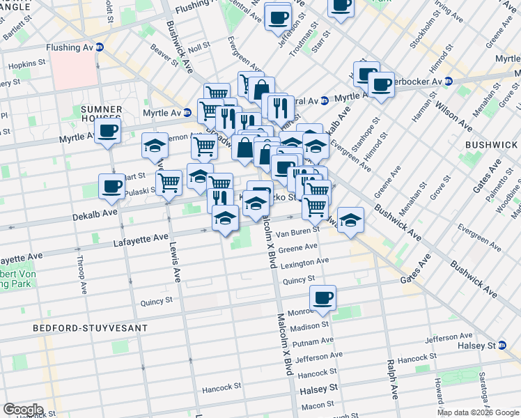 map of restaurants, bars, coffee shops, grocery stores, and more near 38 Malcolm X Boulevard in Brooklyn