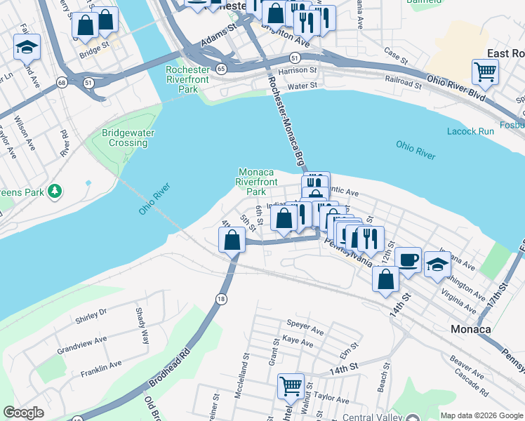map of restaurants, bars, coffee shops, grocery stores, and more near 600 Atlantic Avenue in Monaca