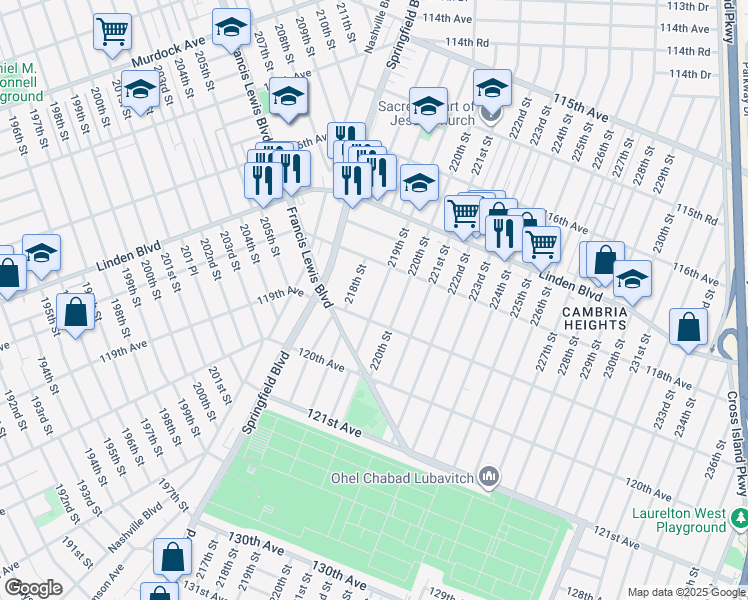 map of restaurants, bars, coffee shops, grocery stores, and more near 218-10 118th Avenue in Queens