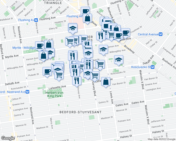 map of restaurants, bars, coffee shops, grocery stores, and more near 280 Hart Street in Brooklyn