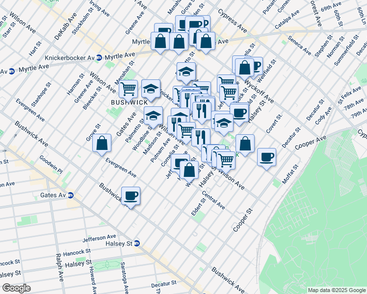 map of restaurants, bars, coffee shops, grocery stores, and more near 1328 Putnam Avenue in Brooklyn