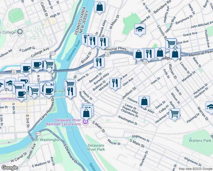 map of restaurants, bars, coffee shops, grocery stores, and more near 56 Filmore Street in Phillipsburg