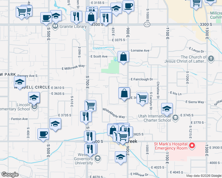 map of restaurants, bars, coffee shops, grocery stores, and more near 3611 South 805 East Street in Salt Lake City