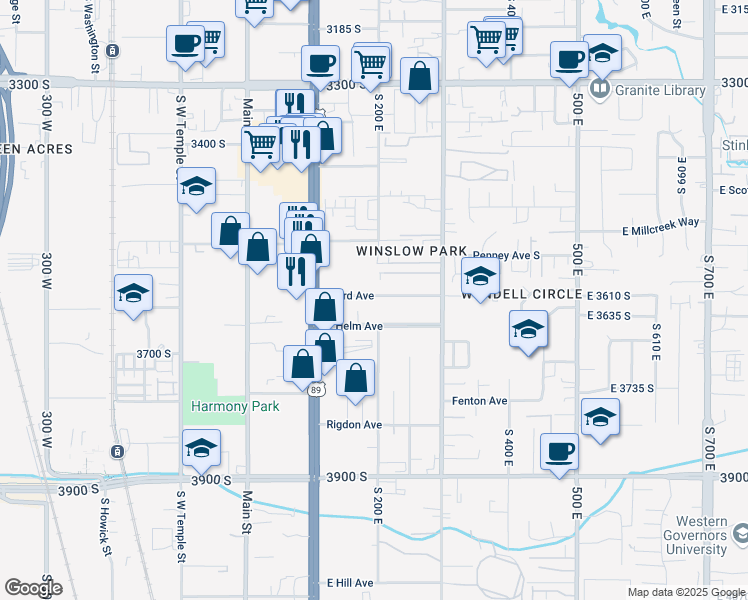 map of restaurants, bars, coffee shops, grocery stores, and more near 509 East 3570 South in South Salt Lake