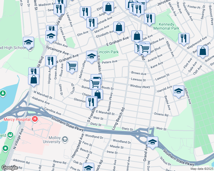 map of restaurants, bars, coffee shops, grocery stores, and more near 3 Nassau Parkway in Hempstead