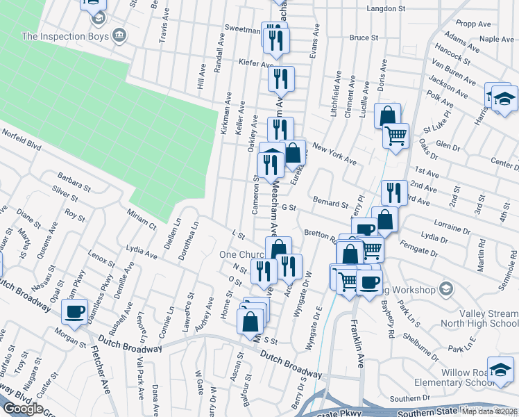 map of restaurants, bars, coffee shops, grocery stores, and more near 1372 F Street in Elmont