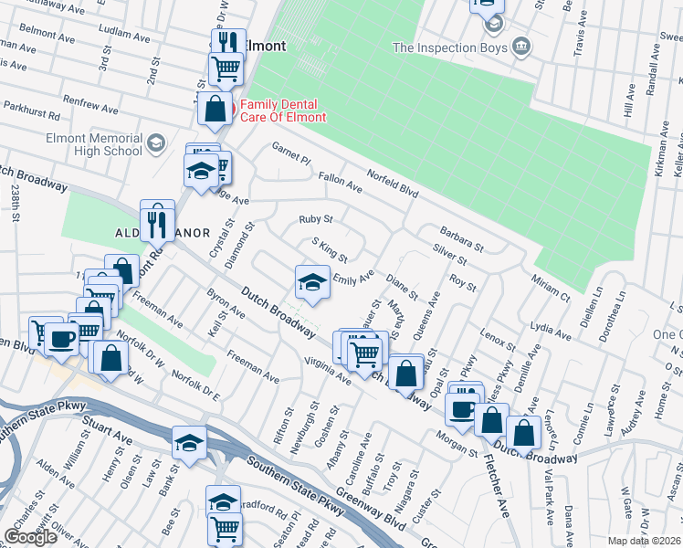 map of restaurants, bars, coffee shops, grocery stores, and more near 290 South King Street in Elmont