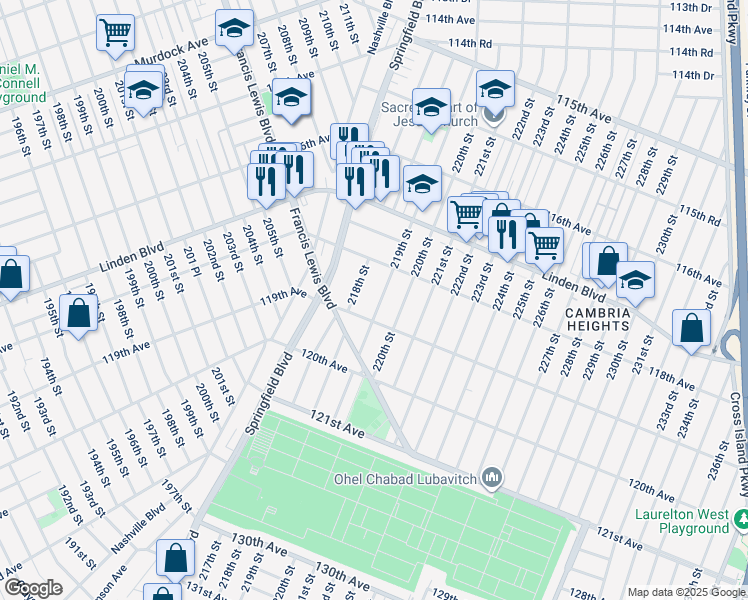 map of restaurants, bars, coffee shops, grocery stores, and more near 218-10 118th Avenue in Queens