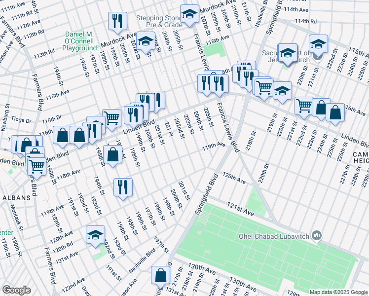 map of restaurants, bars, coffee shops, grocery stores, and more near 118-21 202nd Street in Queens
