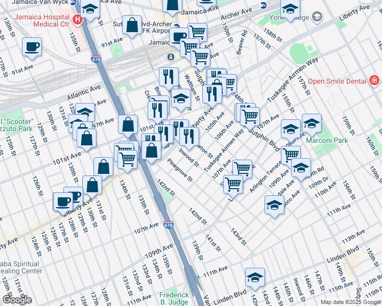 map of restaurants, bars, coffee shops, grocery stores, and more near 145-40 105th Avenue in Queens