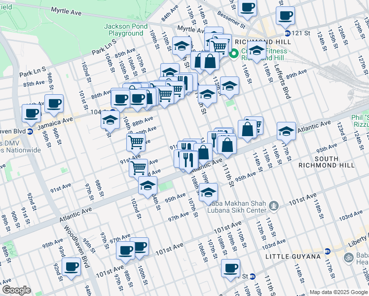 map of restaurants, bars, coffee shops, grocery stores, and more near 87-90 109th Street in Queens