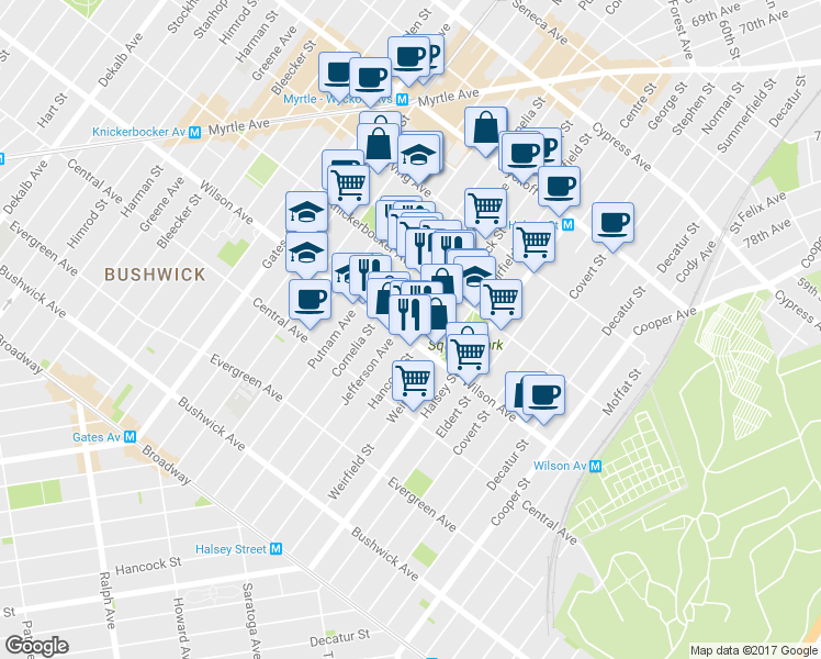 map of restaurants, bars, coffee shops, grocery stores, and more near 1336 Jefferson Avenue in Brooklyn