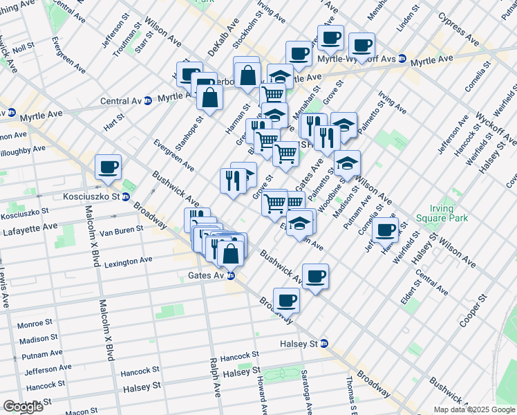 map of restaurants, bars, coffee shops, grocery stores, and more near 120 Grove Street in Brooklyn