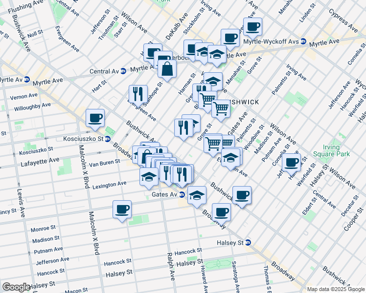 map of restaurants, bars, coffee shops, grocery stores, and more near 48 Menahan Street in Brooklyn