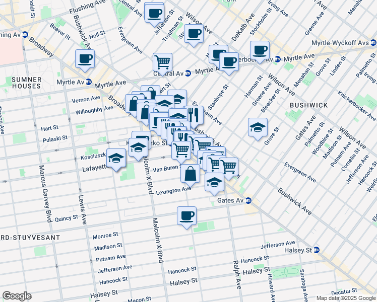map of restaurants, bars, coffee shops, grocery stores, and more near 21 Kossuth Place in Brooklyn