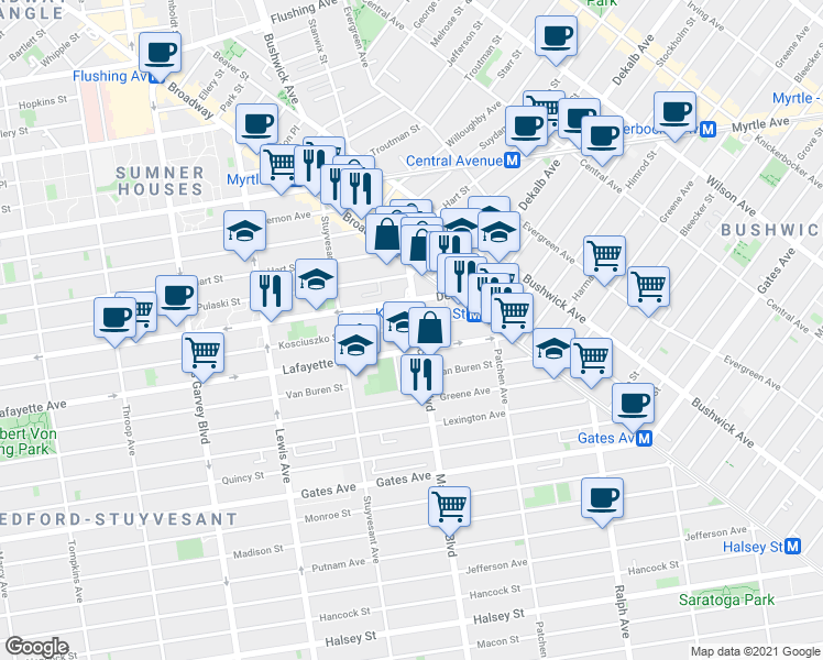 map of restaurants, bars, coffee shops, grocery stores, and more near 1066A Dekalb Avenue in Brooklyn